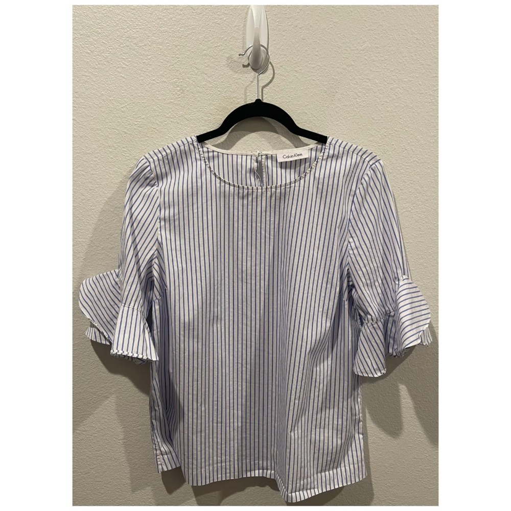 CALVIN KLEIN Blue White Striped Butterfly Sleeve Blouse